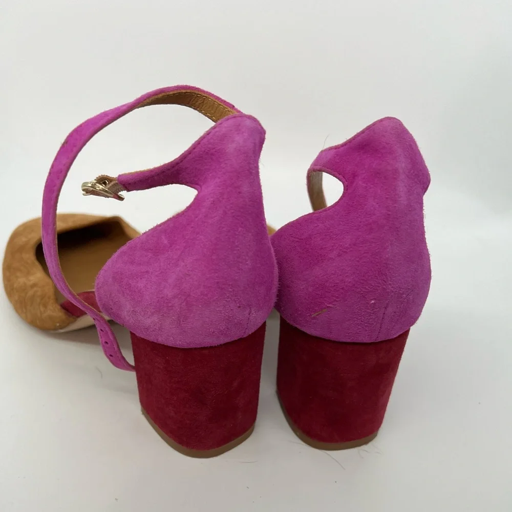 Balzac Paris “Miraculeuse” Suede Leather Wrap Heels – Magenta & Tan Block Pumps - Picture 7 of 8